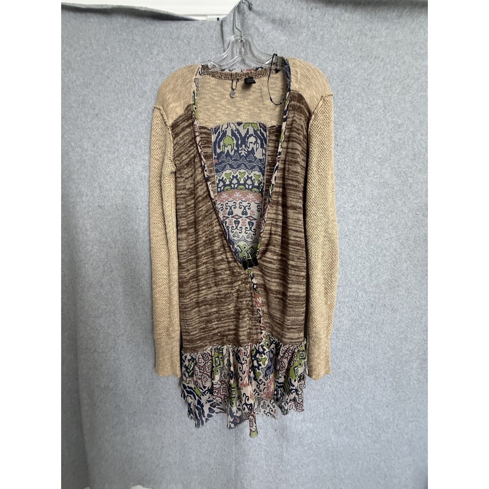 BKE Boutique Cardigan Sweater Womens Large Brown Open Front Ruffleโ Hem Boho